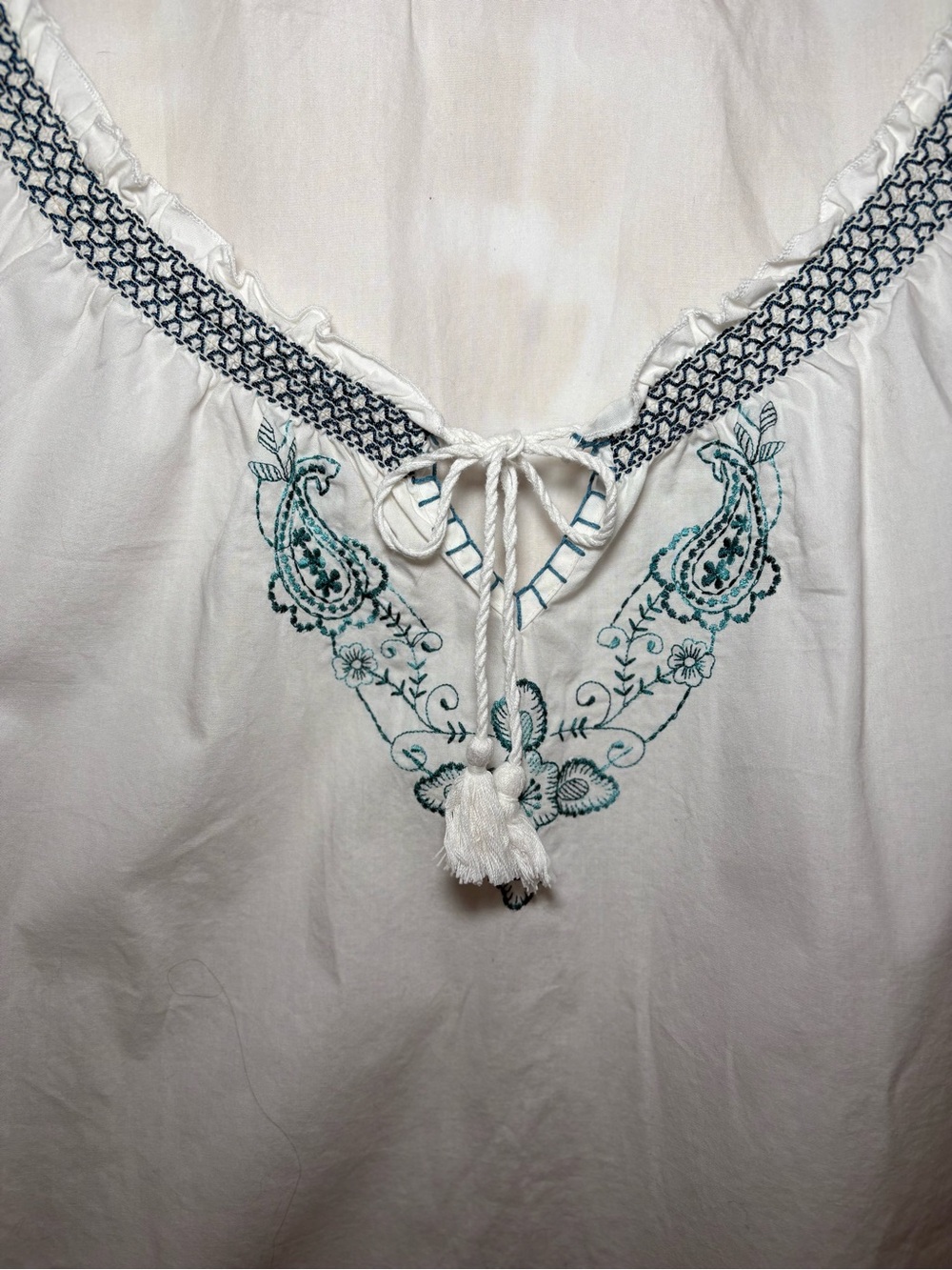 Boho White Peasant Top w/ Turquoise Embroidery | Cottagecore Coastal Festival - Picture 6 of 6